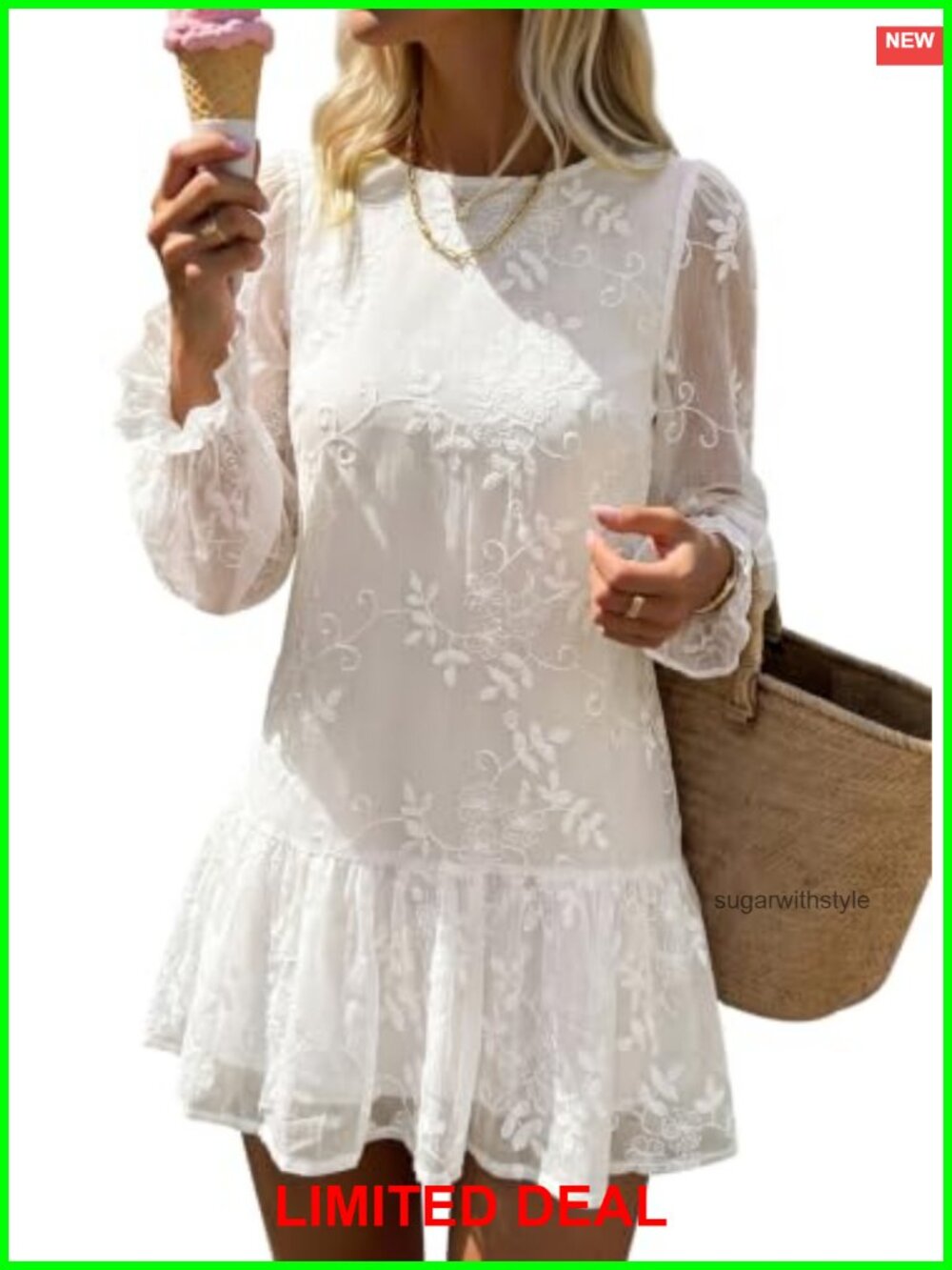 Embroidered Boho Mini Babydoll Dress Long Sleeve Ruffle Chiffon